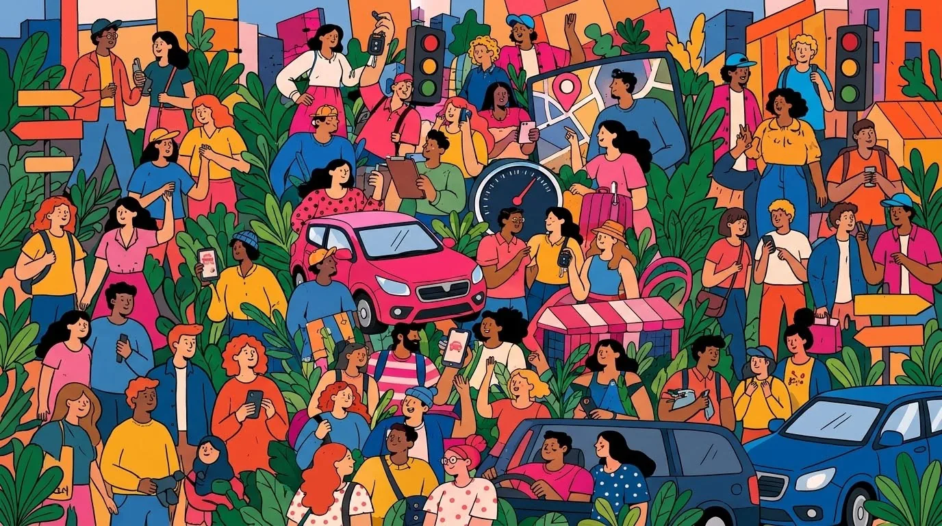 Ilustrasi orang-orang ceria menyewa dan mengendarai mobil Hyke di kota